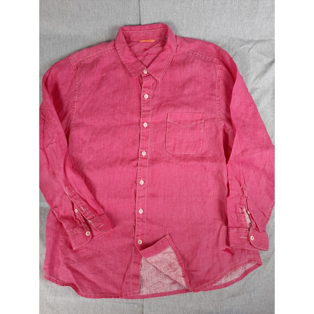 Tommy Bahama Men 2XL Lightweight Button Shirt Pink Long Sleeve Pocket Pure Linen